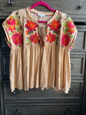 THML Beige Tunic with Pink and Orange Floral Embroidery